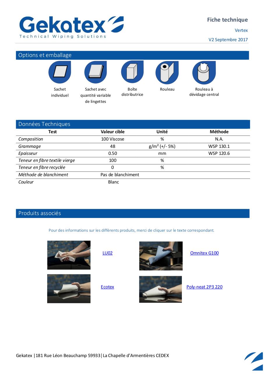 Aperçu du document FT - WF00003760 - Lingette seche - VERTEX .pdf - page 2/2 FT - WF00003760 - Lingette seche - VERTEX .pdf - page 2/2