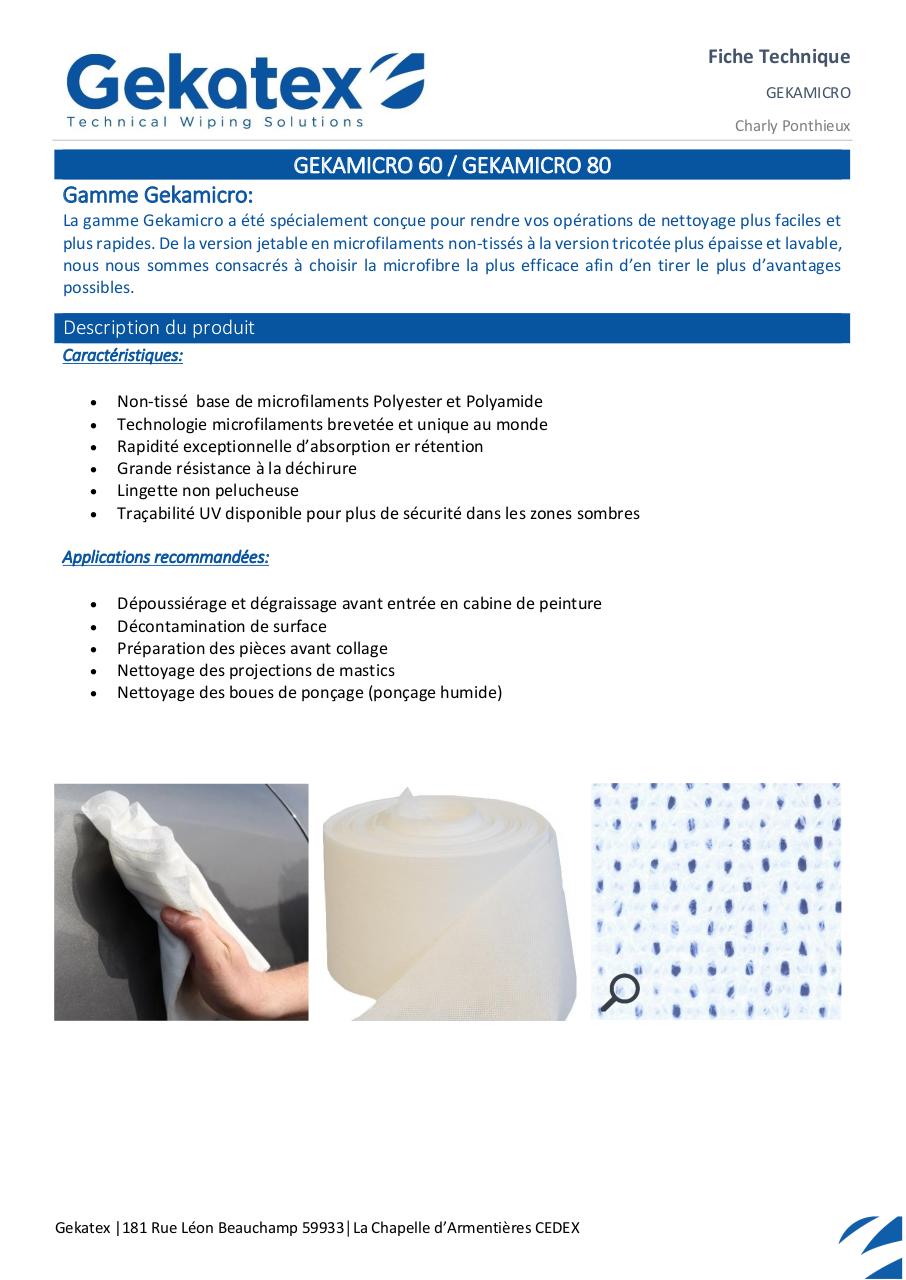Aperçu du document FT - WR00003764 - Lingette seche - GEKAMICRO 80.pdf - page 1/2 FT - WR00003764 - Lingette seche - GEKAMICRO 80.pdf - page 1/2