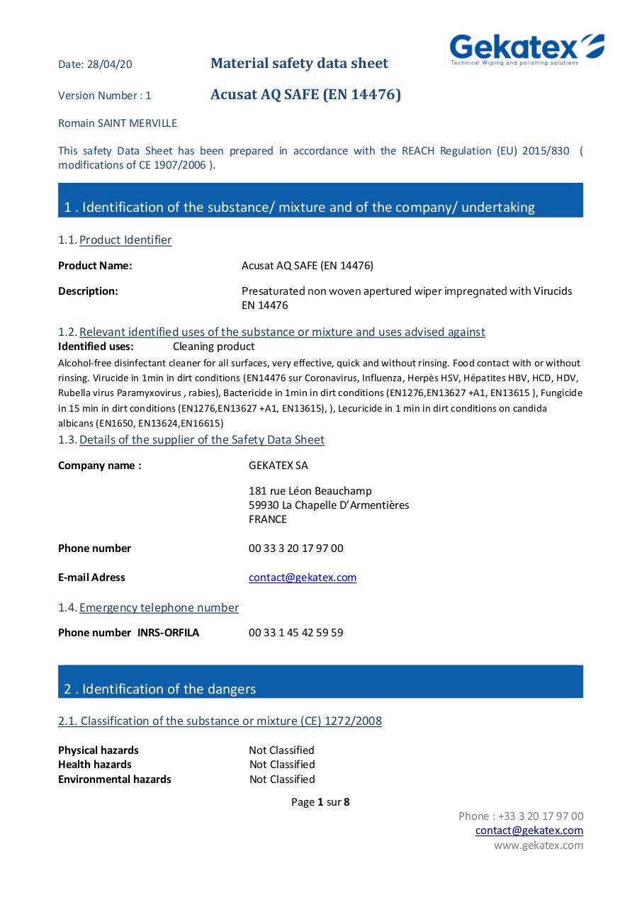 MSDS Acusat AQ SAFE EN 14476 ENGLISH V00.pdf - page 1/8