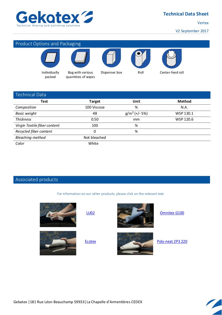 Aperçu du document TDS - WF00003760 - Dry wipes - VERTEX - ENG.pdf - page 2/2 TDS - WF00003760 - Dry wipes - VERTEX - ENG.pdf - page 2/2