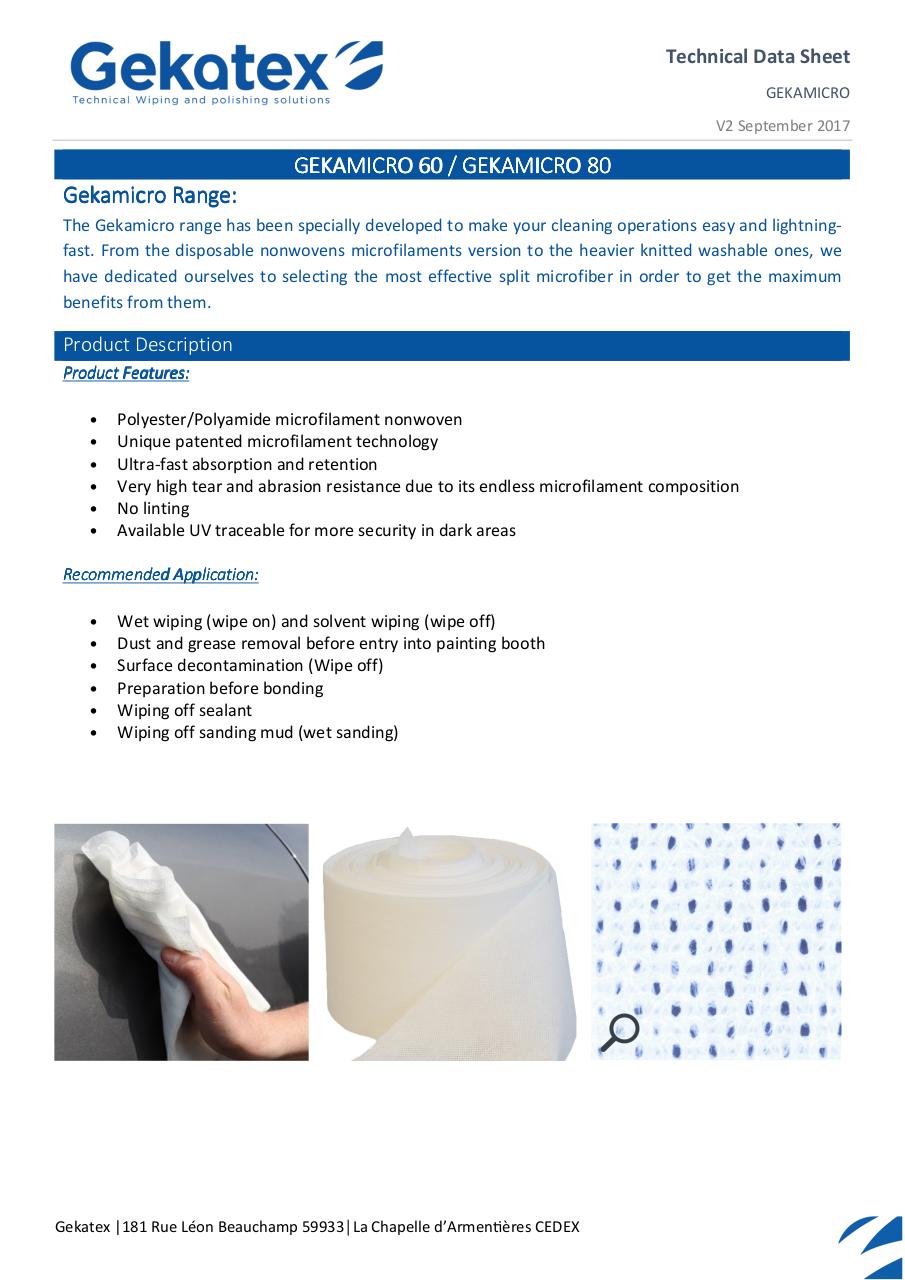 Aperçu du document TDS - WR00003764 - Dry wipes - GEKAMICRO 80 - ENG.pdf - page 1/2 TDS - WR00003764 - Dry wipes - GEKAMICRO 80 - ENG.pdf - page 1/2